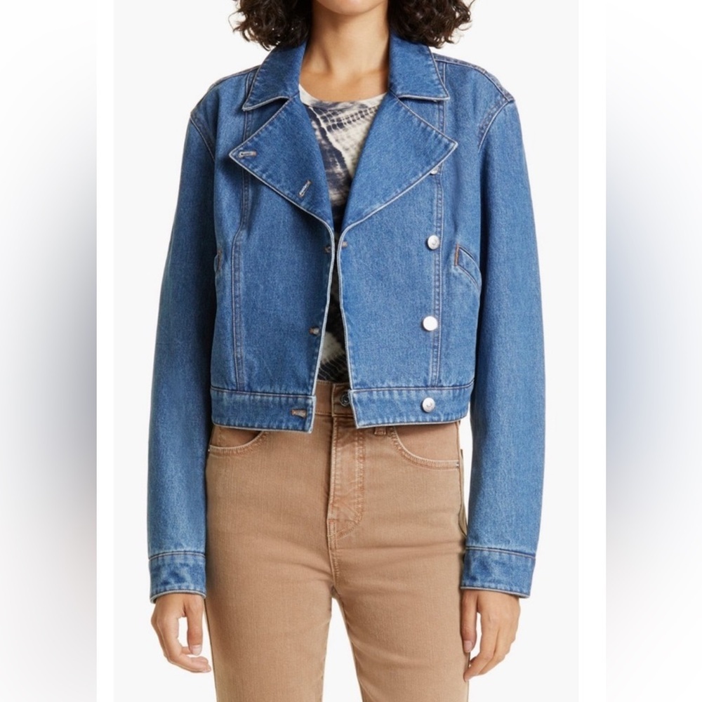 Veronica Beard 100% Cotton Enola Cropped Denim Moto Jacket Size Small